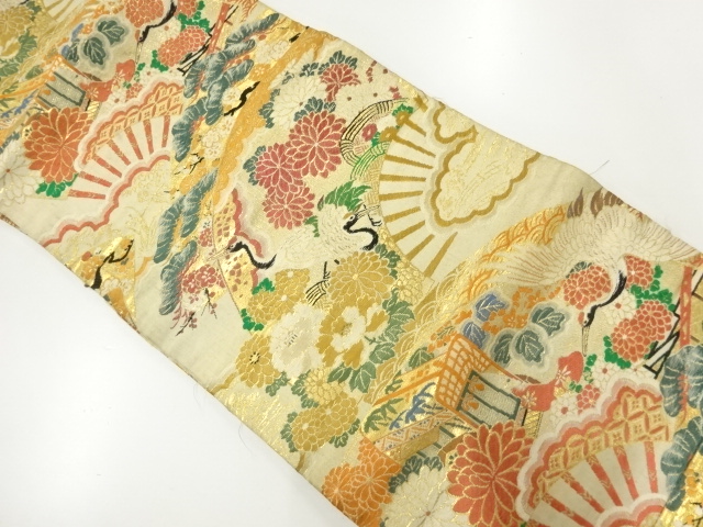 JAPANESE KIMONO / ANTIQUE NAGOYA OBI / WOVEN FOLDING FAN & CRANES & PINE & UME